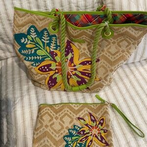 Vera Bradley Embroidered Straw Floral Large Beach Tote AND Matching Wristlet